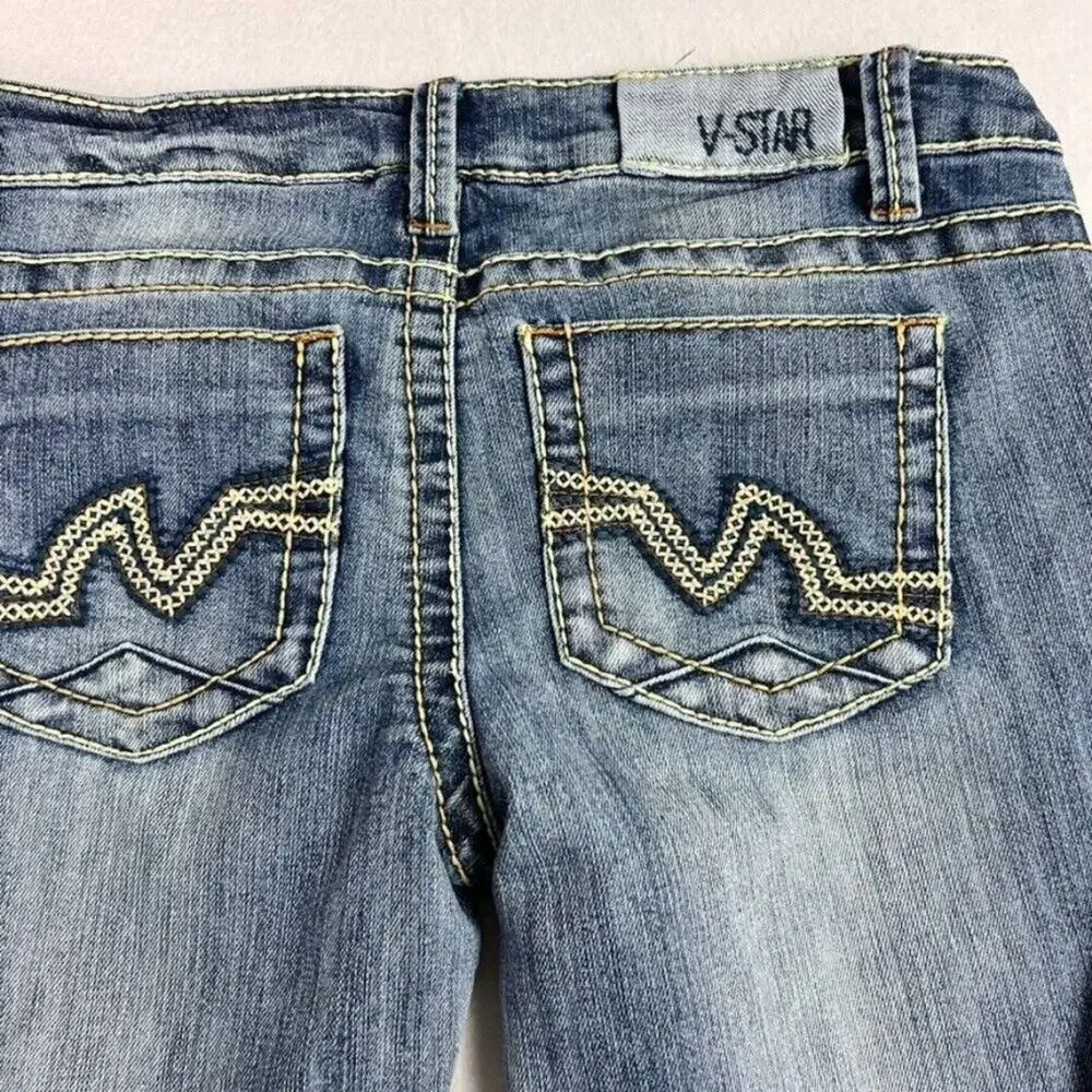 Vanilla Star Jeans Womens 7 Blue Denim Bootcut Embroidered Detail Distressed